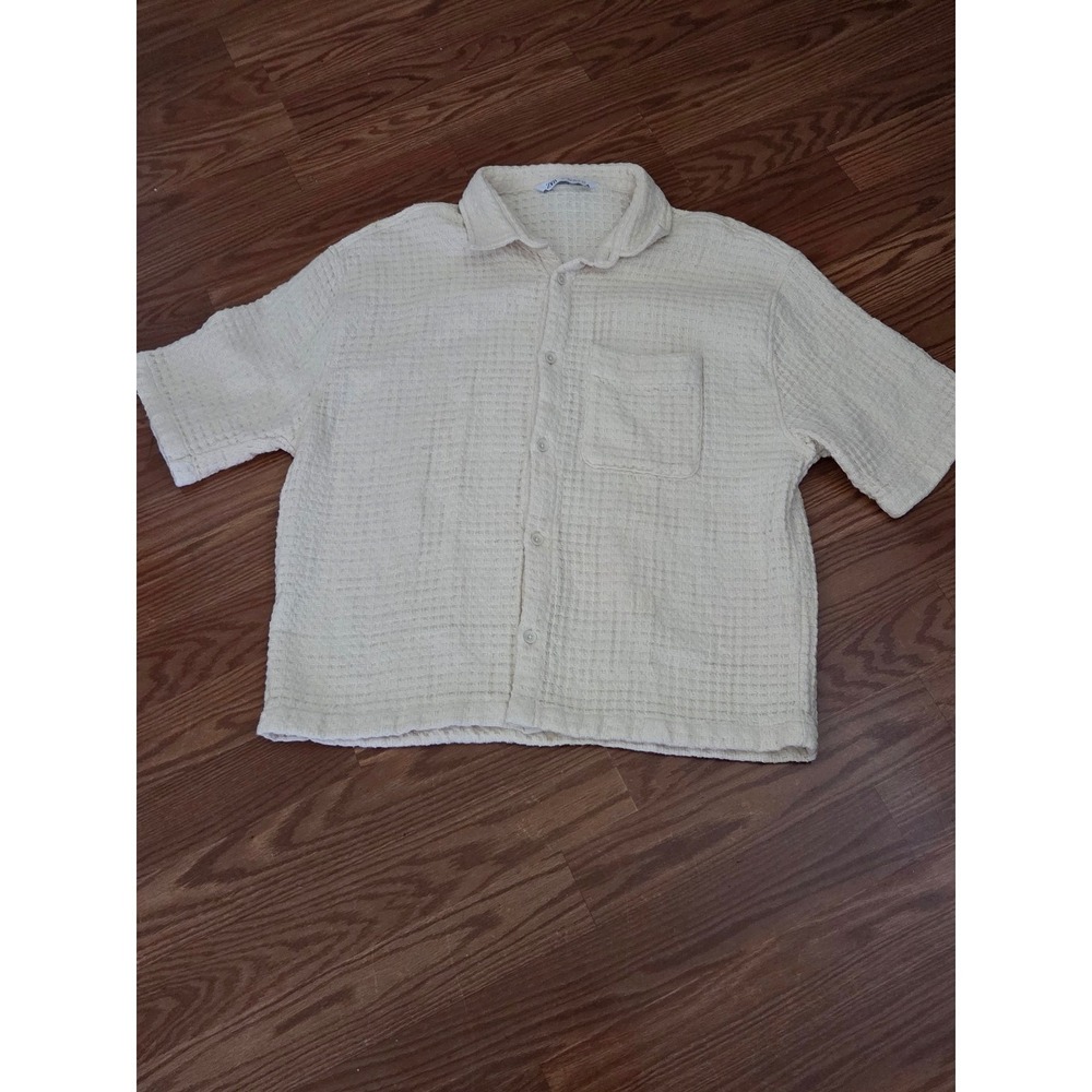 Zara Man Waffle Knit Shirt Mens Large Cream Off White Short Sleeve Button Down L